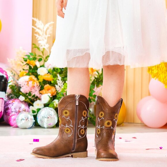 ⚡Girls Brown Floral Embroidered Cowgirl Boots Western Square Toe Mid Calf - Picture 7 of 8